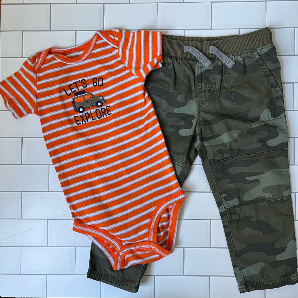 24m Carter’s Explorer Jeep Defender Onesie and Green Camouflage Pants